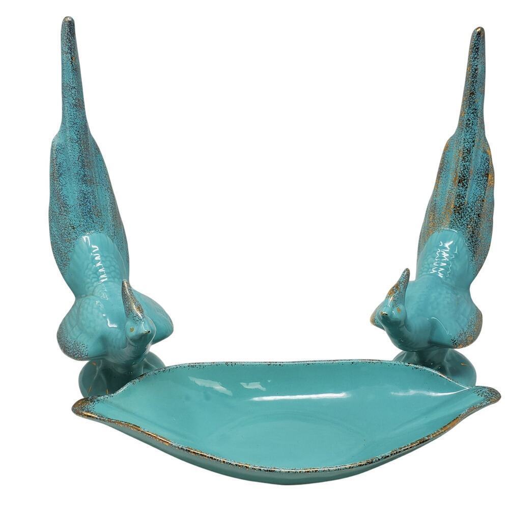 Mid-Century 50s California Pottery Turquoise Gold Pheasant Figurines Bowl